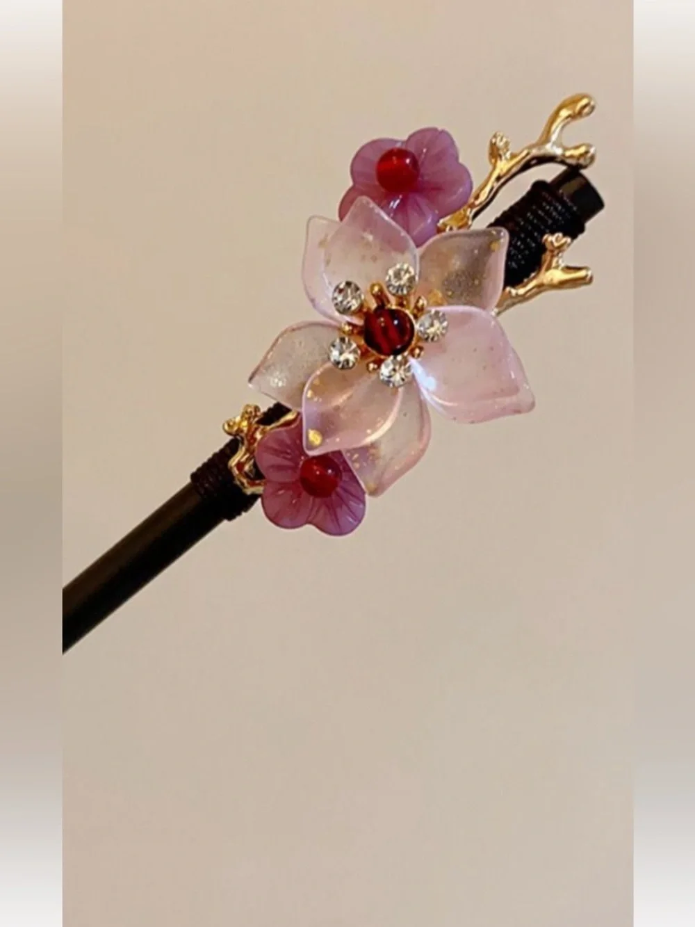 Pink Floral Crystal Hair Stick for Women